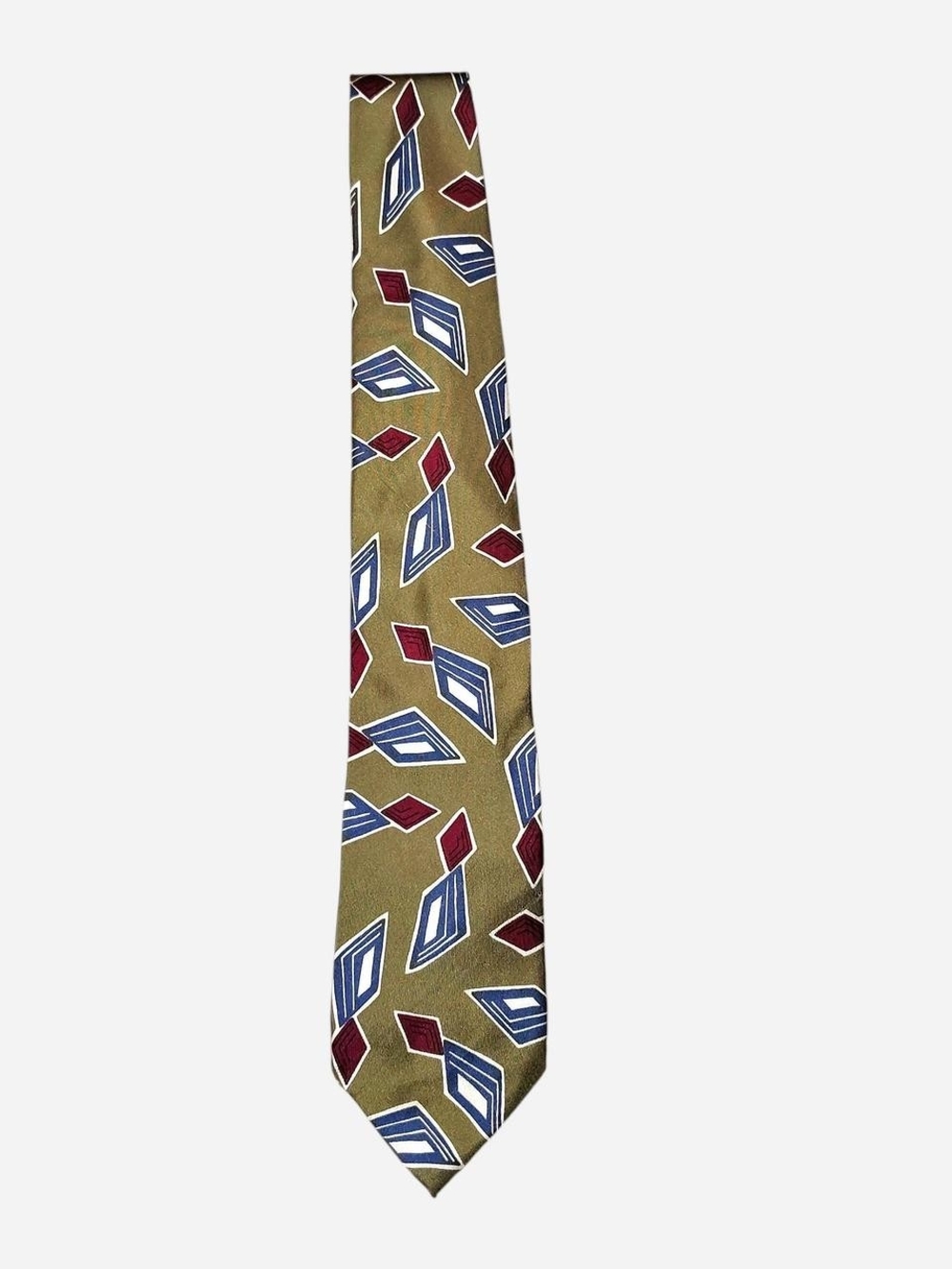 Olive Geometric Silk Tie with Blue and Burgundy Motifs